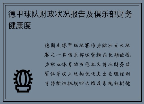 德甲球队财政状况报告及俱乐部财务健康度