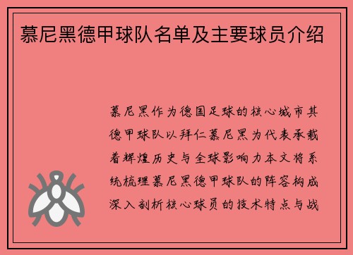慕尼黑德甲球队名单及主要球员介绍